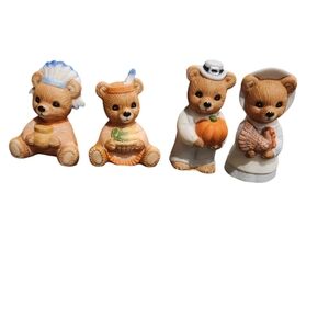 Set Of 4 Homco Thanksgiving Bears Figurines 5312 Porcelain Fall Autumn Vintage